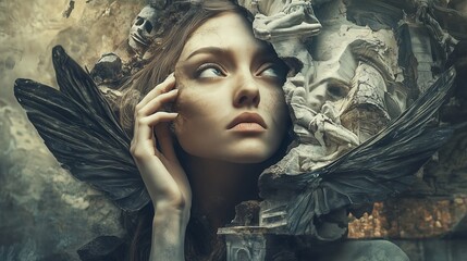 Half statue half real woman. Marble sculpture of beautiful goddess statue with a real head and hands of young woman breaking out of the Greek sculpture. Generative AI