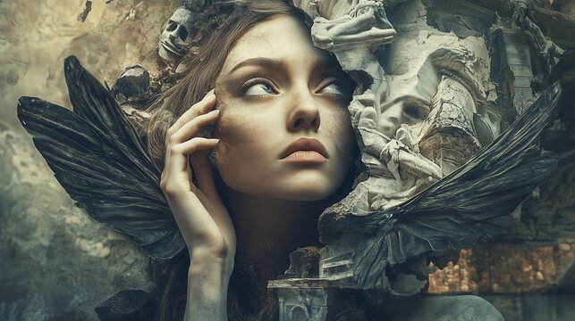 Half statue half real woman. Marble sculpture of beautiful goddess statue with a real head and hands of young woman breaking out of the Greek sculpture. Generative AI