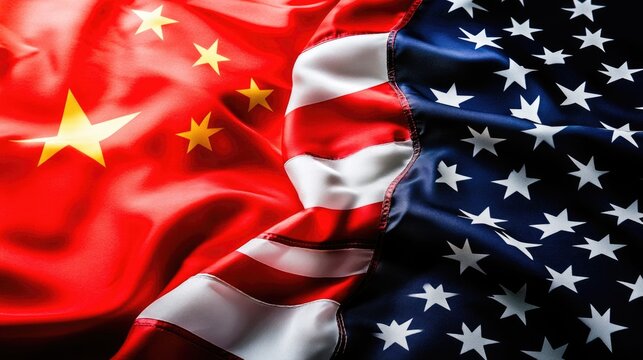 United States of America flag and China flag together. American and china flag close-up.