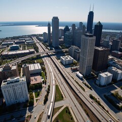 Aerial shot showcasing Clevelands bustling cityscape over Lake Erie