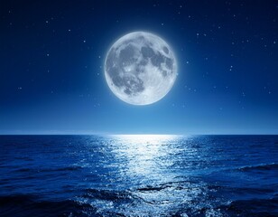 Full moon rising over empty ocean at night with copy space
