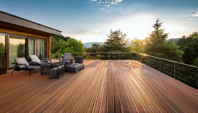 Furnished outdoor terrace with wpc wood plastic composite decking boards. Created with Generative AI technology.