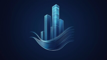 Abstract blue skyscraper design on dark background.