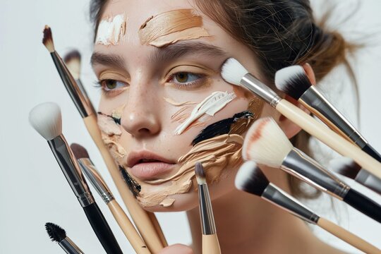 Young caucasian woman face with various makeup products. Face mask with foundation, concealer, powder, lipstick. Black eyeliner, white background, makeup brushes. Elegant, stylish, creative makeup