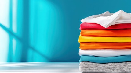 A neatly folded stack of colorful T-shirts against a serene blue backdrop emphasizes calm organization, color harmony, and modern simplicity in fashion.