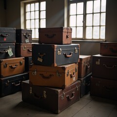 A room overflowing with aged suitcases old-fashioned clutter