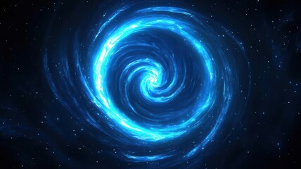 Blue glowing spiral, swirling energy vortex in deep dark space, ethereal light movement, empty space for advertising