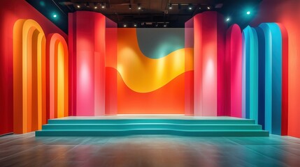Colorful abstract 3D stage set with vibrant arches and waves.