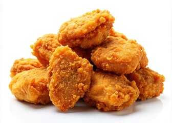 Crispy fried chicken nuggets showcased on a white background, ideal for menu displays and captivating food photography presentations that enhance visual appeal and entice customers.