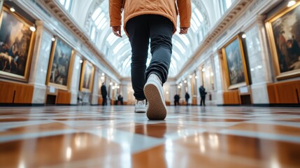 Obraz premium A person walks through a grand, elegant art gallery with polished wood flooring and classical paintings on the walls, capturing a moment of cultural appreciation.