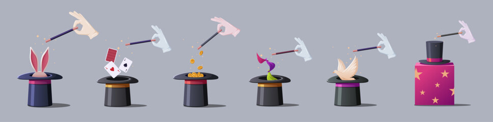 Magician hat set performing tricks with bird, bouquet of flowers, ribbons, playing cards © 4zevar