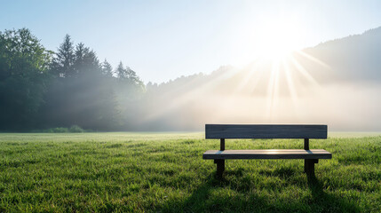 Fototapeta premium Tranquil wooden bench in a misty field under soft sunlight, surrounded by lush greenery and distant mountains
