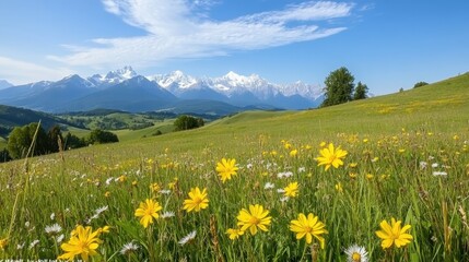 Fototapeta premium A wildflower meadow in full bloom, a kaleidoscope of colors with snow-capped peaks in the distance