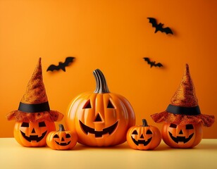 Halloween pumpkin decorations on a yellow-orange background