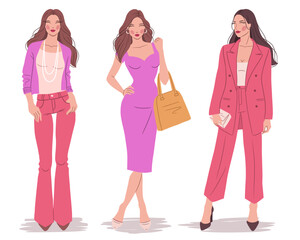 Vector flat illustration of fashionable women in colorful outfits. Fashion models,  isolated on a white background.