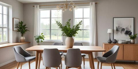 Fototapeta premium A modern dining room with a wooden table and gray upholstered chairs. The table is decorated with a vase, a plant, and some decorative objects.