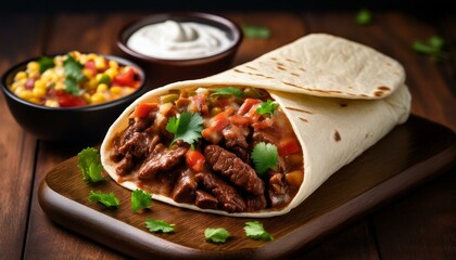 Mexican burrito with beef, beans and sour cream