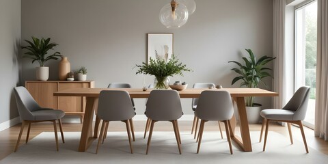 Fototapeta premium A modern dining room with a wooden table and gray upholstered chairs. The table is decorated with a vase, a plant, and some decorative objects.