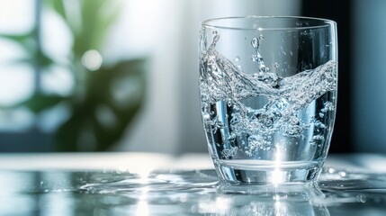 A refreshing splash in a clear glass of water is captured near a sunlit window, symbolizing purity and the invigorating essence of hydration.