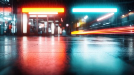 A futuristic urban night scene captures bright neon lights reflecting in the rain-soaked streets, emitting a vibrant, energetic, and modern atmosphere.