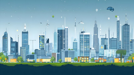 A Futuristic City Skyline with Flying Cars and Green Spaces in a Nighttime Setting