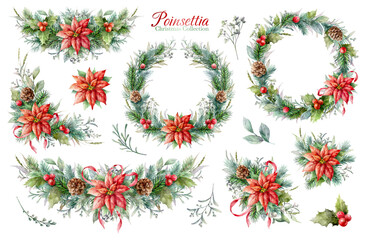 Watercolor Christmas collection with red poinsettia flower. Decorative elements, garlands, wreaths with red Christmas star flower. 