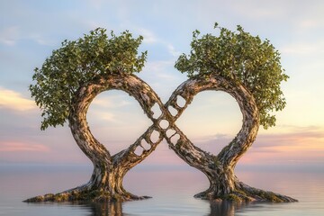 Fototapeta premium Two tree figures with missing sections forming the symbol of infinity, symbolizing the eternal cycle of life, on a serene background