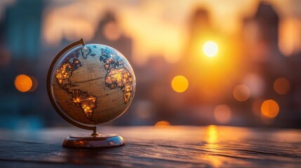 beautifully illuminated globe sits on wooden surface, capturing essence of exploration and adventure. warm sunset creates dreamy backdrop, enhancing globes intricate details