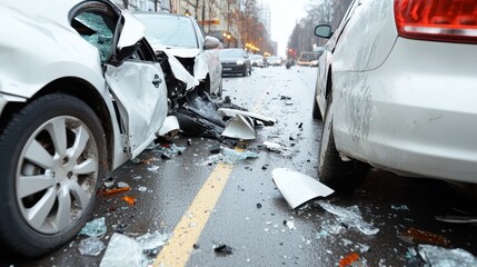 A street scene with two damaged cars post-collision amidst broken glass and debris, highlighting urban dangers and the necessity for careful driving in cities.