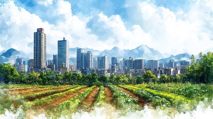 Obraz premium an illustrative concept of sustainable agriculture and farming practices in an urban environment the sketch depicts a harmonious blend of city life and agriculture.stock image