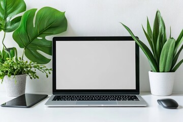 Fototapeta premium Laptop mockup laptop plants background.