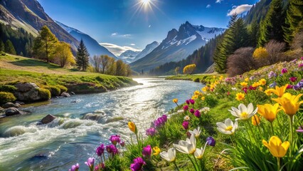 panoramic view of spring flowers by mountain river
