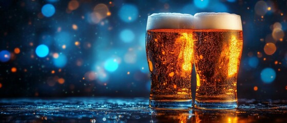 Refreshing and frothy, two glasses of beer sit side by side, capturing essence of celebration and enjoyment. vibrant bokeh background enhances inviting atmosphere