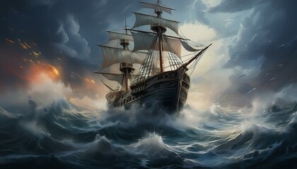 Fototapeta premium Ship in a stormy sea