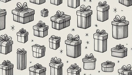 Seamless pattern of gift boxes - pencil sketch style