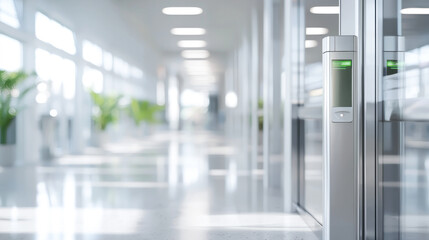 Fototapeta premium Modern indoor hallway with sleek design and digital access control system, highlighting a spacious and well-lit environment.