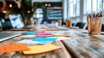 Fototapeta premium A dynamic workspace featuring scattered colorful sticky notes on a wooden table, symbolizing creativity and teamwork in a vibrant office setting.