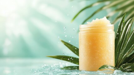 Exfoliating body scrub in a glass jar, surrounded by tropical leaves and a hint of water splashes