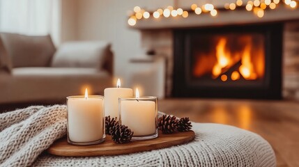 Three lit candles rest on a wooden table, accompanied by a soft knitted blanket and festive decorations, evoking warmth and comfort during the Christmas season