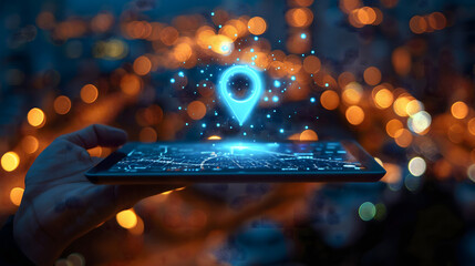 Hands holding tablet smartphone navigation pin on map, location technology mobile communication digital direction cyberspace search network app concept, road street route place position connection