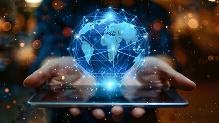 person is holding tablet displaying holographic world icon, symbolizing global connectivity and technology. glowing globe represents data and communication