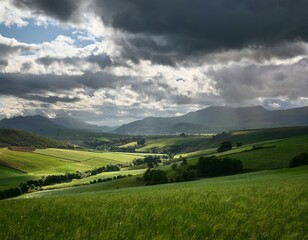 Obraz premium The dramatic sky above the distant valley adds a touch of mystique, while the green fields ground the scene in tranquil reality.