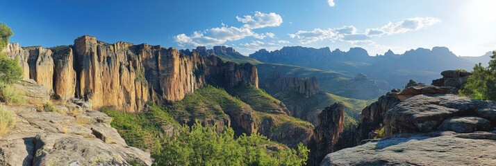 Jagged Mountain Peaks with Lush Greenery, a dramatic landscape featuring steep cliffs and vibrant patches of vegetation amidst rugged terrain.