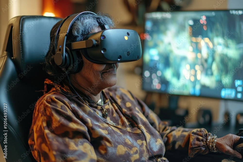 Poster a person sitting in a chair with a virtual reality headset on, perfect for tech or innovation concep