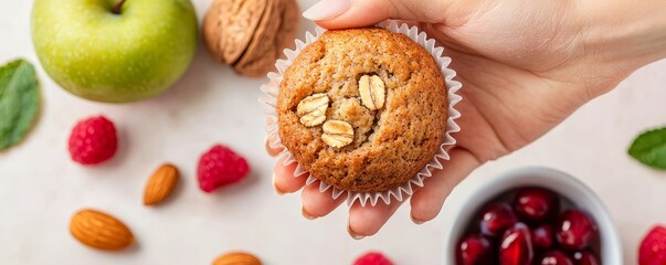 Fototapeta premium Hand holding a gluten-free muffin made with organic ingredients, surrounded by fresh fruits and nuts