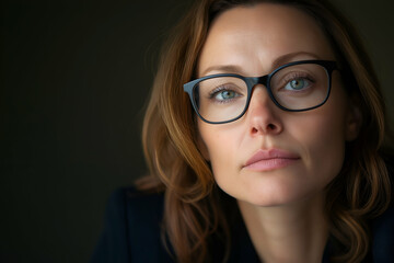 Fototapeta premium Serious businesswoman with auburn hair, wearing a blue jacket and black framed glasses, strikes a pose