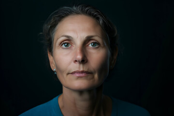 Fototapeta premium Dramatic and captivating portrait of a mature woman with stunning blue eyes illuminated by soft lighting against a dark background