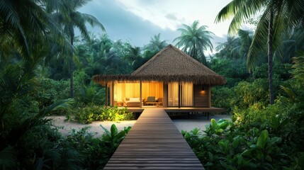 Tropical Retreat with Wooden Walkway and Lush Greenery