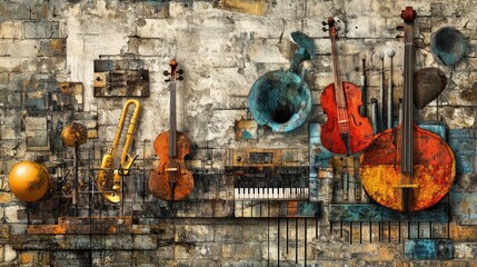 Naklejka premium Musical Instruments on a Brick Wall