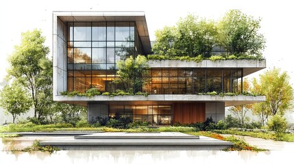 Fototapeta premium architectural sketch of a modern net zero energy building,greenery emphasizing sustainable design and energy efficiency.stock image